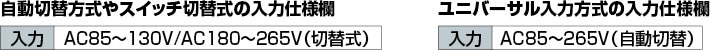 ユニバーサル入力方式 自動切替方式やスイッチ切替式の入力仕様欄、ユニバーサル入力方式の入力仕様欄