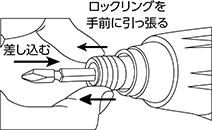 装着はワンタッチです。ロックリングを手前に引っ張り、ビットを差し込みます。ロックリングから手を離すとばねの力で元の位置に戻り、ビットはロックされます。