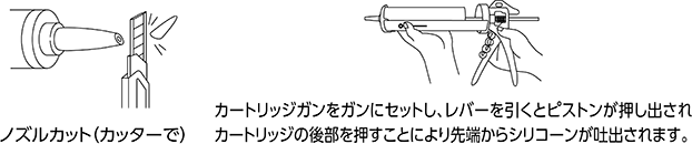 ・カートリッジタイプのコーキング剤を使用するにはコーキングガンが必要になります。コーキングガンを利用してコーキング剤を押し出して使用します。