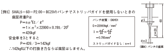 また、パンチプレートの厚さTを20mmとすれば全長107mm以下のパンチを使用する事により、座屈を防ぐことができます。ストリッパ基準（パンチプレートが隙間で刃先をガイドする）パンチの場合は全長87mm以下とします。