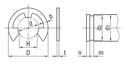 E形止め輪の形状・寸法 図